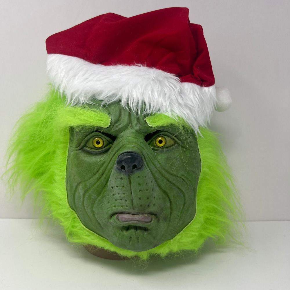 Dr Seuss The Grinch Mask Adult Halloween Costume Green Latex Santa Hat Fur